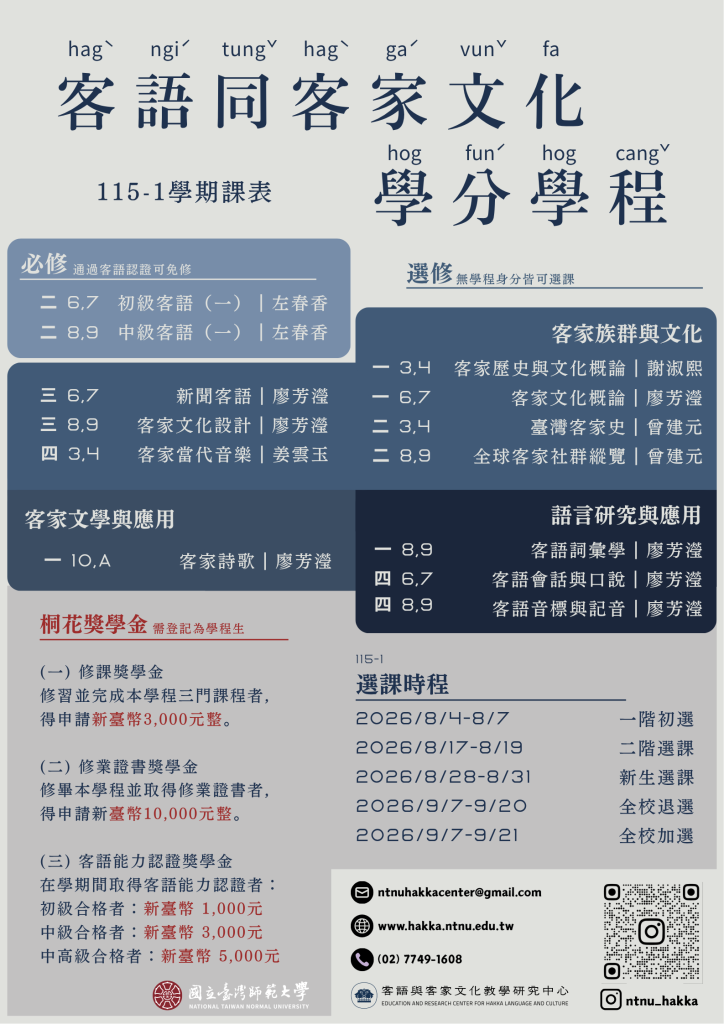 115-1選課海報，內容如下：
客語同客家文化學分學程
115-1學期課表
必修（通過客語認證可免修）
二 6,7  初級客語（一） 左春香
二 8,9  中級客語（一） 左春香
選修（無學程身分皆可選課）
客家族群與文化
一 3,4  客家歷史與文化概論 謝淑熙
一 6,7  客家文化概論 廖芳瀅
二 3,4  臺灣客家史 曾建元
二 8,9  全球客家社群縱覽 曾建元
三 6,7  新聞客語 廖芳瀅
三 8,9  客家文化設計 廖芳瀅
四 3,4  客家當代音樂 姜雲玉
客家文學與應用
一 10,A  客家詩歌 廖芳瀅
語言研究與應用
一 8,9  客語詞彙學 廖芳瀅
四 6,7  客語會話與口說 廖芳瀅
四 8,9  客語音標與記音 廖芳瀅
桐花獎學金（需登記為學程生）
(一) 修課獎學金
修習並完成本學程三門課程者，得申請新臺幣3,000元整。
(二) 修業證書獎學金
修畢本學程並取得修業證書者，得申請新臺幣10,000元整。
(三) 客語能力認證獎學金
在學期間取得客語能力認證者：
初級合格者：新臺幣 1,000元
中級合格者：新臺幣 3,000元
中高級合格者：新臺幣 5,000元
選課時間 ：
初選 8/4（二）～8/7（五）  
第二階段選課 8/17（一）～8/19（三）  
新生選課 8/28（五）～8/31（一）  
加選 9/7（一）～9/20（日）
退選 9/7（一）～9/21（日）
ntnuhakkacenter@gmail.com
www.hakka.ntnu.edu.tw
(02) 7749-1608
ig: ntnu_hakka